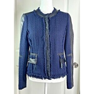 REBECCA TAYLOR Boucle Fringe Blazer SIZE 4 Navy Blue Black Leather Trim Coat EUC